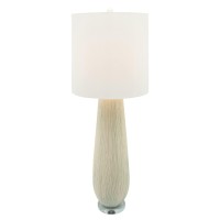 With a natural and comforting aesthetic this table lamp is a calm addition to your interior design The elongated rounded body with textured lines adds a finesse and creative look to it The elongated fabric drum shade filters light for a pleasant glow Sold