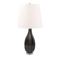 Introduce a dash of elegance and creativity to your living room or bedrooms with this table lamp With a bowling pin shape in the body and textured faceted vertical lines this artistic piece includes a tapered fabric shade that comes together to create a p