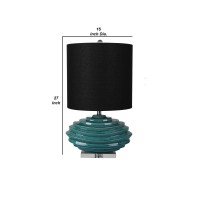 DescriptionAdd some dramatic but confident color to your favorite room with this uniquely crafted table lamp The elongated drum fabric shade rests atop the artistic faceted spiral base that is truly enticing to the eyes The blue green aqua hue gives a ple