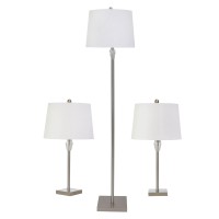 Brighten up your living room bedroom or lounge with this beautifully crafted three piece lamp set The subtle metal frame with square base ensures stability for each piece in this set The clean white fabric shade filters the light to create the perfect amb