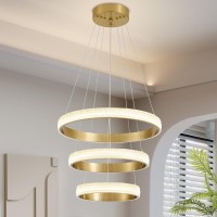 Vaziden Modern Chandelier 3 Rings Gold Led Chandelier 60W 4000K Dimmable Crystal Shape Pendant Lighting Height Adjustable And