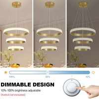 Vaziden Modern Chandelier 3 Rings Gold Led Chandelier 60W 4000K Dimmable Crystal Shape Pendant Lighting Height Adjustable And