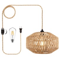 Plug In Pendant Light Hanging Lights With Plug In Cord Rattan Hanging Lamp Wicker Woven Basket Lampshade,Farmhouse Industrial Dimmable Boho Plug In Ceiling Light Fixture For Living Room Kitchen Island