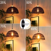 Cinkeda Plug In Pendant Light, Hanging Lights With 15Ft Cotton Cord & Stepless Dimming Switch, Handwoven Hemp Rope Lampshade, Black Rattan Lamp For Dining Room,Hallway