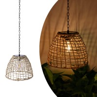 Livinlarge Vintage Rattan Basket Shade Solar Lantern Hanging Lighting Country Style Pendant Light Patio Garden Farmhouse Decorat