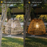 Livinlarge Vintage Rattan Basket Shade Solar Lantern Hanging Lighting Country Style Pendant Light Patio Garden Farmhouse Decorat