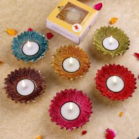 Satvik 6 Pc Multicolor Chandrarupa Diya Floral Lotus Flower Shape Candle Tea Light Holder Oil Lamp Diwali Indian Indoor Home Man