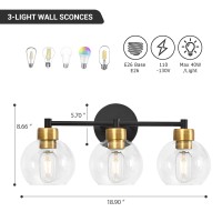 Diniluse Black And Gold Bathroom Light Fixtures 3 Lights Bathroom Vanity Light Round Vanity Lights With Clear Globe Glass Shade