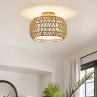 Buxvrcs Rattan Ceiling Light Fixtures Handwoven Boho Flush Mount Ceiling Light Handmade Rattan Light Fixtures Ceiling Mount W