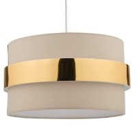 Taupe Cotton & Gold Metallic Band Vintage Easy Fit Drum Pendant Shade | 38Cm Diameter (15