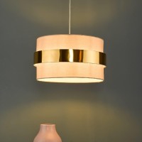 Taupe Cotton & Gold Metallic Band Vintage Easy Fit Drum Pendant Shade | 38Cm Diameter (15