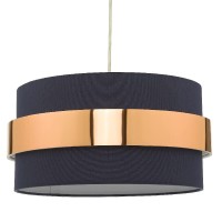 Navy Blue Cotton & Copper Metallic Band Vintage Easy Fit Drum Pendant Shade | 38Cm Diameter (15