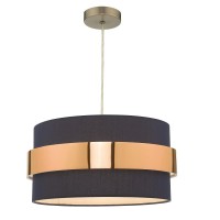 Navy Blue Cotton & Copper Metallic Band Vintage Easy Fit Drum Pendant Shade | 38Cm Diameter (15