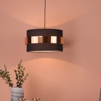 Navy Blue Cotton & Copper Metallic Band Vintage Easy Fit Drum Pendant Shade | 38Cm Diameter (15