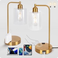 Yarradecorupgraded Industrial Bedside Table Lamp Set Of 2 3Way Dimmable Lamps For Bedroom Modern Usb Nightstand Lamp With Gla