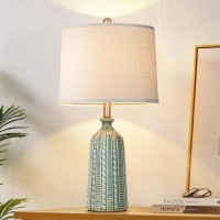 Junnai Green Ceramic Table Lamp 245 3Way Dimmable Nightstand Lamp With White Drum Lamp Shade Modern Bedside Lamp For Bedr