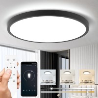 Flush Mount Led Ceiling Light Fixture With Remote Control, 24W 12In Bedroom Lights For Ceiling, 2700K-6500K Cct, Stepless Dimming, Night Light Mode, 2520 Lm, Black Ultra Thin Ceiling Lamp For Kitchen