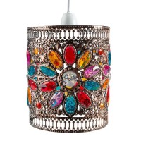 Antique Copper & Faceted Multicolour Acrylic Crystal Jewels Vintage Moroccan Easy Fit Cylinder Pendant Shade | 17Cm Diameter | None Electric Ceiling Lampshade | Fits Lampholder Types E14 E27 B15 B22