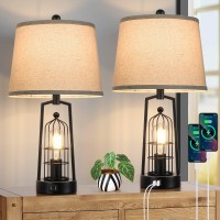 Farmhouse Table Lamps With 2 Usb Ports Set Of 2 Rustic Industrial Desk Lamp For Living Room 2Light Black Bedside Lamp Bedroo