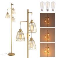 9Mmml Golden Dimmable Floor Lamp,Industrial Farmhouse Tall Standing Floor Lamp For Living Room, Bedroom, Corner,Office,Gold 3 Teardrop Cage Lampshade,68?Eight,3 Led Bulb Included