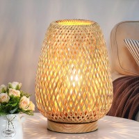 Rattan Table Lamp Stepless Dimmable Small Beside Lamp Vintage Wicker Wooden Nightstand Lamp Boho Bamboo Woven End Table Lamp