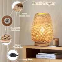 Rattan Table Lamp Stepless Dimmable Small Beside Lamp Vintage Wicker Wooden Nightstand Lamp Boho Bamboo Woven End Table Lamp