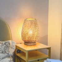 Rattan Table Lamp Stepless Dimmable Small Beside Lamp Vintage Wicker Wooden Nightstand Lamp Boho Bamboo Woven End Table Lamp