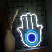 Evil Eyes In Palm Neon Sign Led Light Signs Wall Decor Usb Powered Neon Wall Signs Blue White Evil Eye In Sign Decor For Bedroom, Living Room, Kids Room, Wedding, Birthday Party Decor