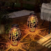 Gibmidser Solar Outdoor Lights 2 Pack Solar Garden Lanterns Waterproof Led Hanging Lantern Hummingbird Pattern Decorative Retr