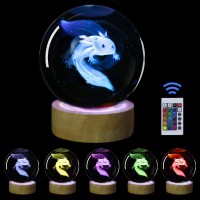 Huntalg 3D Axolotl Crystal Ball Night Light With 16 Color Led Wooden Base Premium 24 Inch Axolotl Glass Ball Lamps With Remote