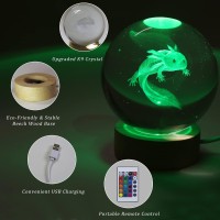 Huntalg 3D Axolotl Crystal Ball Night Light With 16 Color Led Wooden Base Premium 24 Inch Axolotl Glass Ball Lamps With Remote