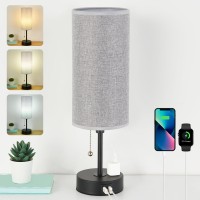 3-Color Table Lamp For Bedroom, Bedside Lamps With Usb Charging Port And Socket, Gray Night Lamp, Small Lamp For Bedrooms And Study Rooms (Led Bulb Included)