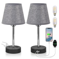 Focondot Grey Touch Table Lamps Set Of 2-Bulbs Included, Nightstand Bedroom Lamp With Usb A+C Ports & Ac Outlet Charging, 3-Way Dimmable Bedside Lamps With Black Base For Living Room Office Dorm