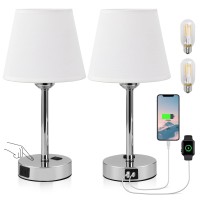 White Bedroom Lamps For Nightstand Set Of 2-Bulbs Included, Bedside Lamps With Usb A+C Ports & 2-Prong Ac Outlet, Small Lamps For Bedroom Living Room Office Dorm