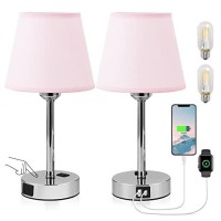 Focondot Touch Dimmable Control Table Lamps Set Of 2-Bulbs Included, Small Bedside Lamps With Usb A+C Ports & 2-Prong Ac Outlet, Pink Nightstand Lamps For Kids/Guest Room