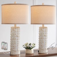 Set Of 2 Rustic Touch Table Lamps For Living Room, 3 Way Dimmable With 2 Usb Port Farmhouse Lamps For Bedroom Nightstand, White Vintage Resin Bedside Desk Lamp, Led Bulbs Included (White)