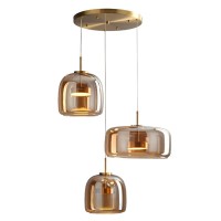 Qufute Led Glass Chandelier Mid Century Modern Pendant Light Fixtures Amber Mouth Blown Glass Shade 3-Lights Round Glass Ceiling Pendant Lights For Kitchen Island Living Room Dining Room