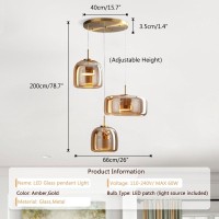 Qufute Led Glass Chandelier Mid Century Modern Pendant Light Fixtures Amber Mouth Blown Glass Shade 3-Lights Round Glass Ceiling Pendant Lights For Kitchen Island Living Room Dining Room