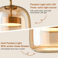 Qufute Led Glass Chandelier Mid Century Modern Pendant Light Fixtures Amber Mouth Blown Glass Shade 3-Lights Round Glass Ceiling Pendant Lights For Kitchen Island Living Room Dining Room