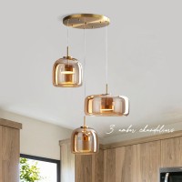 Qufute Led Glass Chandelier Mid Century Modern Pendant Light Fixtures Amber Mouth Blown Glass Shade 3-Lights Round Glass Ceiling Pendant Lights For Kitchen Island Living Room Dining Room