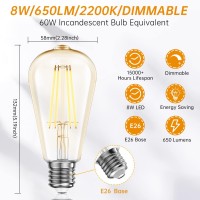 Batklumi Led Edison Bulbs Light: Dimmable 8W Equivalent 60 Watt E26 Bulbs 2200K Amber Warm Vintage Light Bulbs 80+ Cri Filament Vintage Light Bulbs St19/St58 For Outdoor Indoor 4Pack