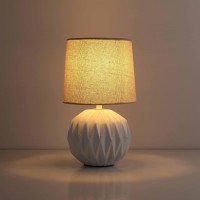 Somniferous White Ceramic Table Lamp Geometric Textured Small Bedside Lamp With Linen Shade Mid Century Modern Nightstand Lamp