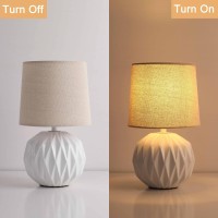 Somniferous White Ceramic Table Lamp Geometric Textured Small Bedside Lamp With Linen Shade Mid Century Modern Nightstand Lamp