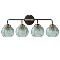 Qufute 4Lights Bathroom Light Fixtures Glass Vanity Light Green Bathroom Sconce Mid Century Modern Wall Lamp Black Gold Art Dec