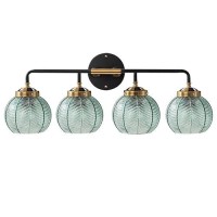 Qufute 4Lights Bathroom Light Fixtures Glass Vanity Light Green Bathroom Sconce Mid Century Modern Wall Lamp Black Gold Art Dec