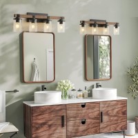 Bathroom Vanity Light Fixtures 4 Lights, Wooden Farmhouse Vanity Lights Rustic Bathroom Lights Over Mirror With Clear Glass Shade Black Industrial Wall Sconce For Bathroom Bedroom Hallway Kitchen