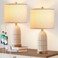 Cinkeda Table Lamps For Bedroom Set Of 2 Farmhouse 3Way Dimmable Touch Lamp For Nightstand With 2 Usb Charging Ports White Vi