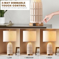 Cinkeda Table Lamps For Bedroom Set Of 2 Farmhouse 3Way Dimmable Touch Lamp For Nightstand With 2 Usb Charging Ports White Vi