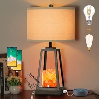 Farmhouse Table Lamp With Himalayan Salt Lamp, 3-Way Dimmable Touch Control Bedside Lamp With 2 Usb Ports & Ac Outlet, 24.4