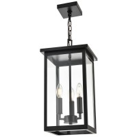 Winshen Black Outdoor Pendant Lanern, E12 Candle Chandelier 3-Lights Large Exterior Hanging Light Fixture With Clear Glass Height Adjustable For Indoor Entryway Porch